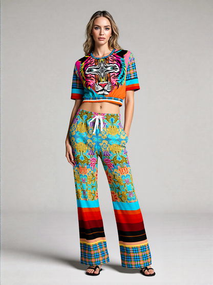 Tiger in Colorful Carnivale Eco-Poly Short Sleeve Cropped Pullover