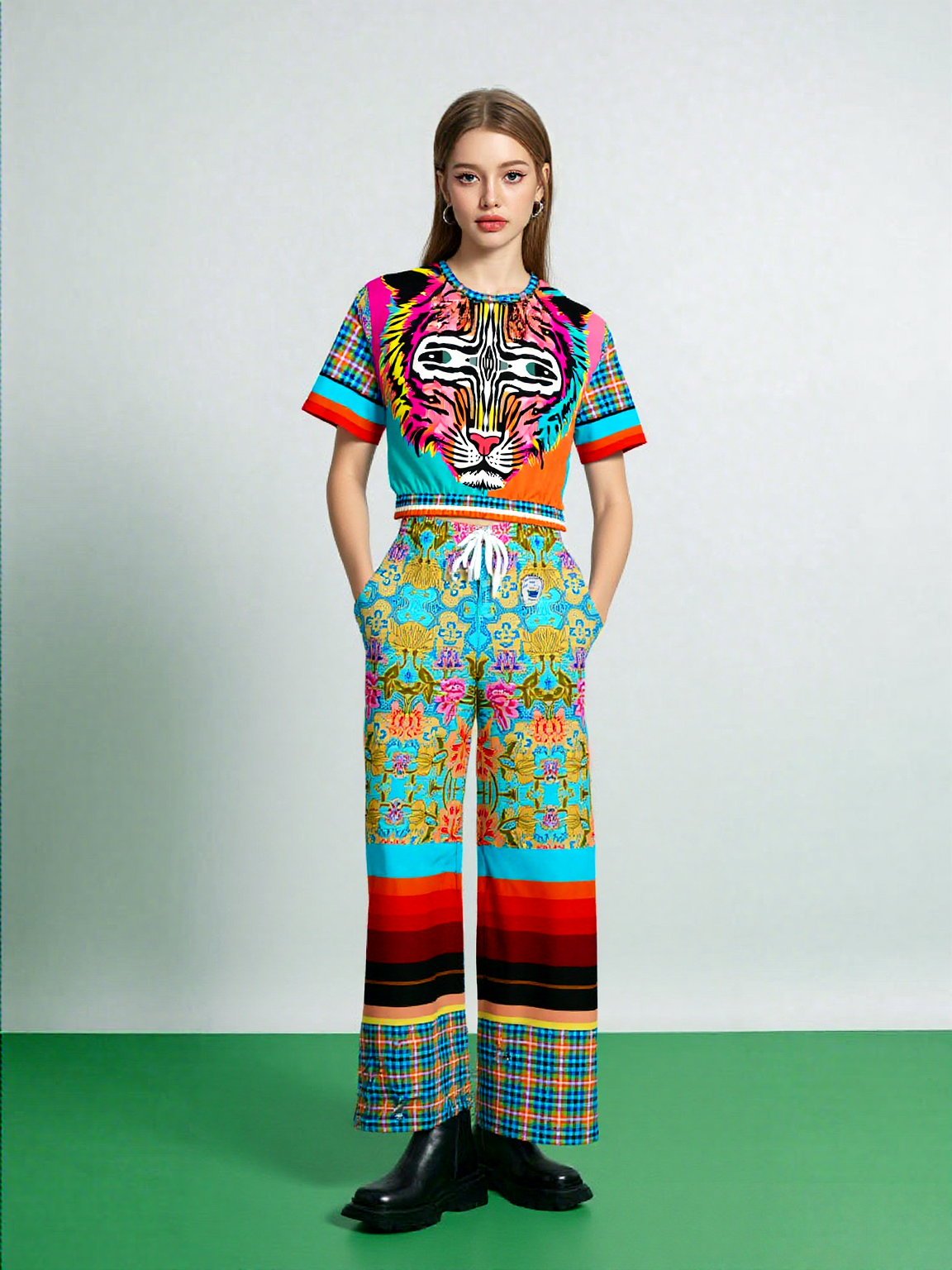Tiger in Colorful Carnivale Rugby Stripe Eco-Poly Wide Leg Pants