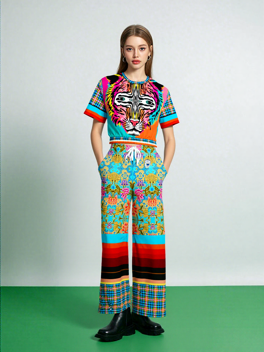 Tiger in Colorful Carnivale Rugby Stripe Eco-Poly Wide Leg Pants