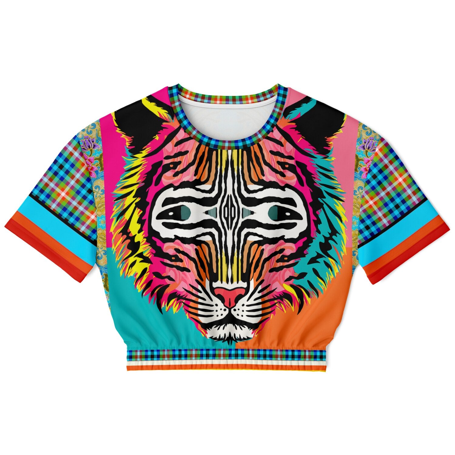 Tiger in Colorful Carnivale Eco-Poly Short Sleeve Cropped Pullover