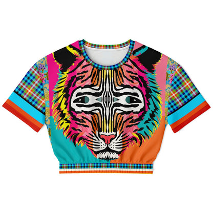 Tiger in Colorful Carnivale Eco-Poly Short Sleeve Cropped Pullover
