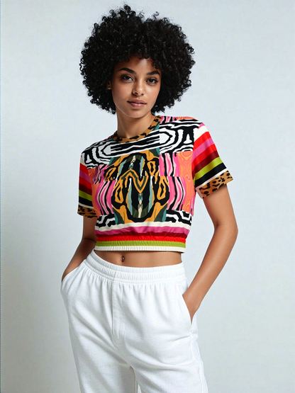 Walk on the Wild Side Abstract Zebra Print Eco-Poly Short Sleeve Cropped Pullover