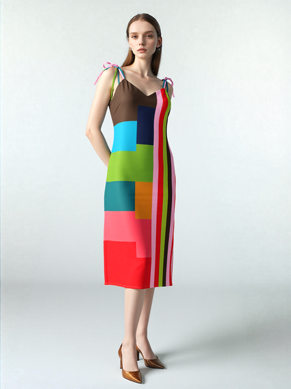 Watermelon Rugby Stripe Chiffon Tie-strap Midi Dress