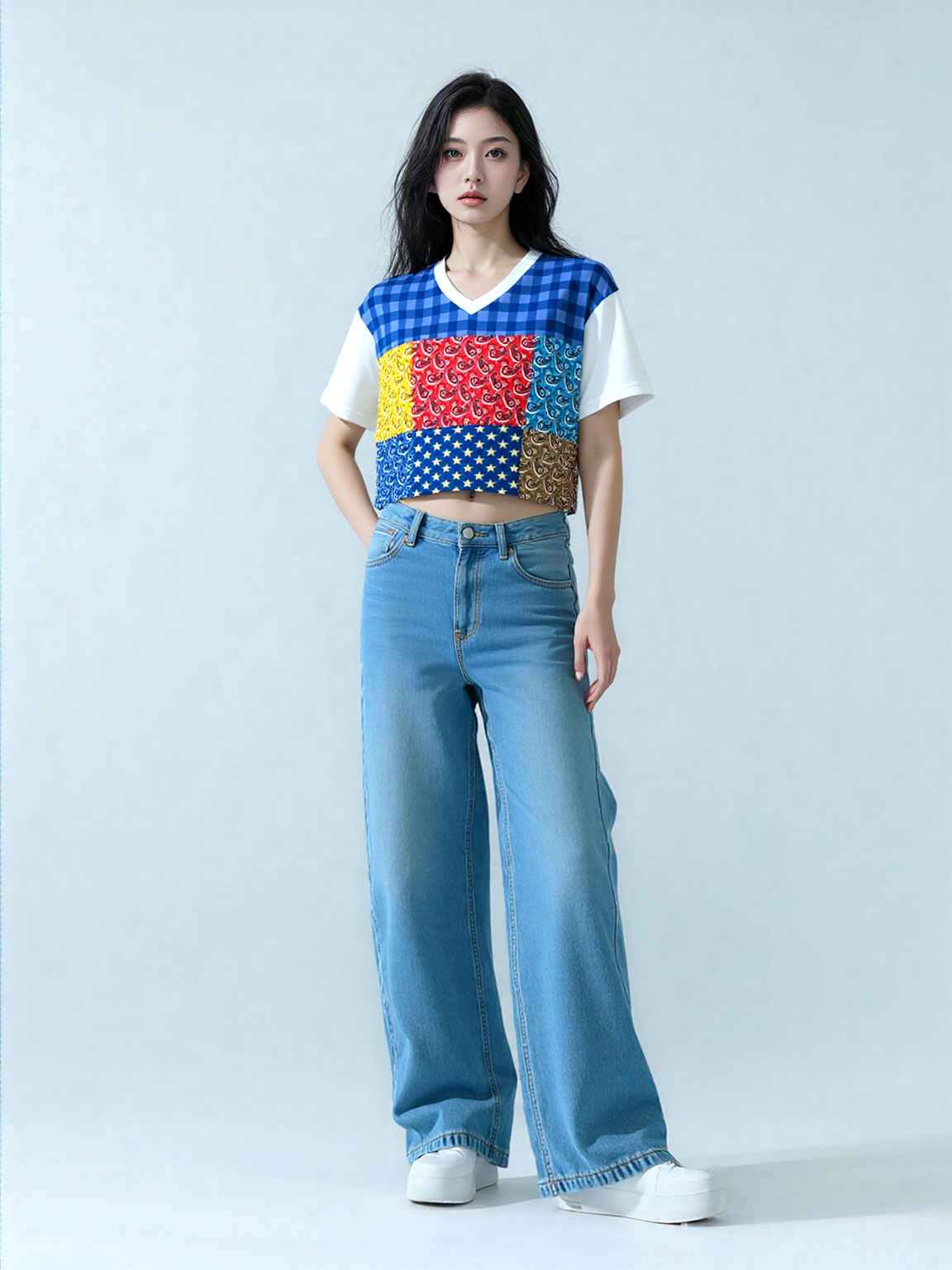 Western Edition Bandana Patchwork Eco-Poly V-Neck Crop Jersey