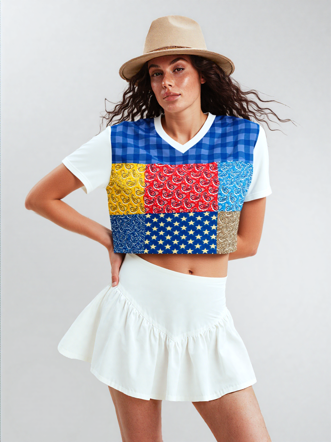 Western Edition Bandana Patchwork Eco-Poly V-Neck Crop Jersey