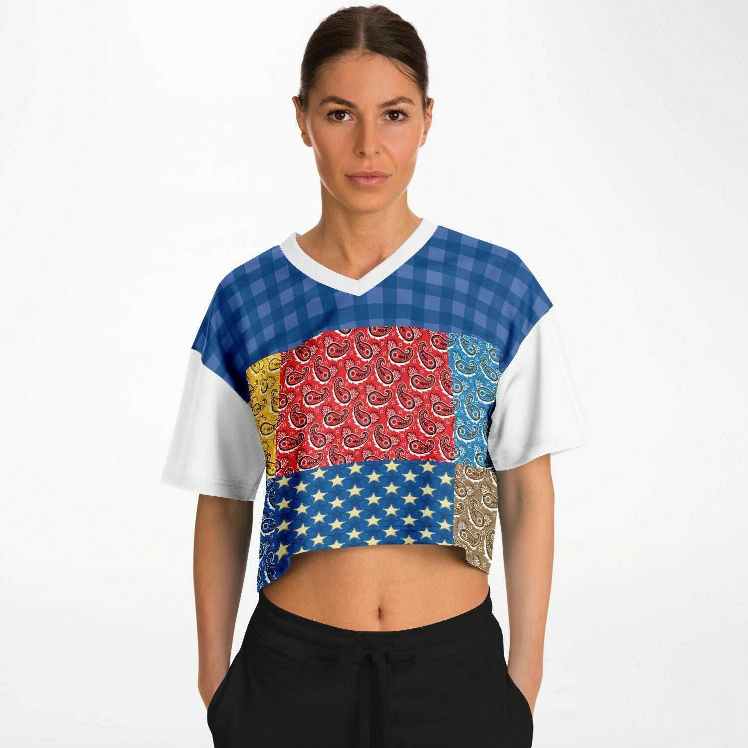 Western Edition Bandana Patchwork Eco-Poly V-Neck Crop Jersey