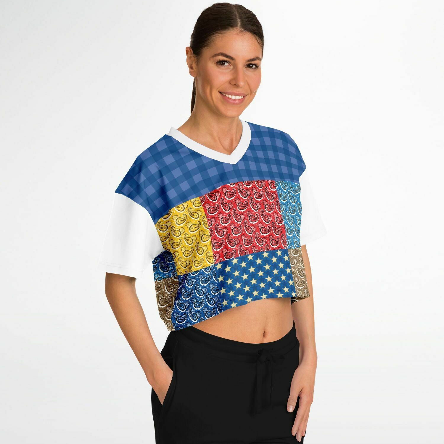 Western Edition Bandana Patchwork Eco-Poly V-Neck Crop Jersey