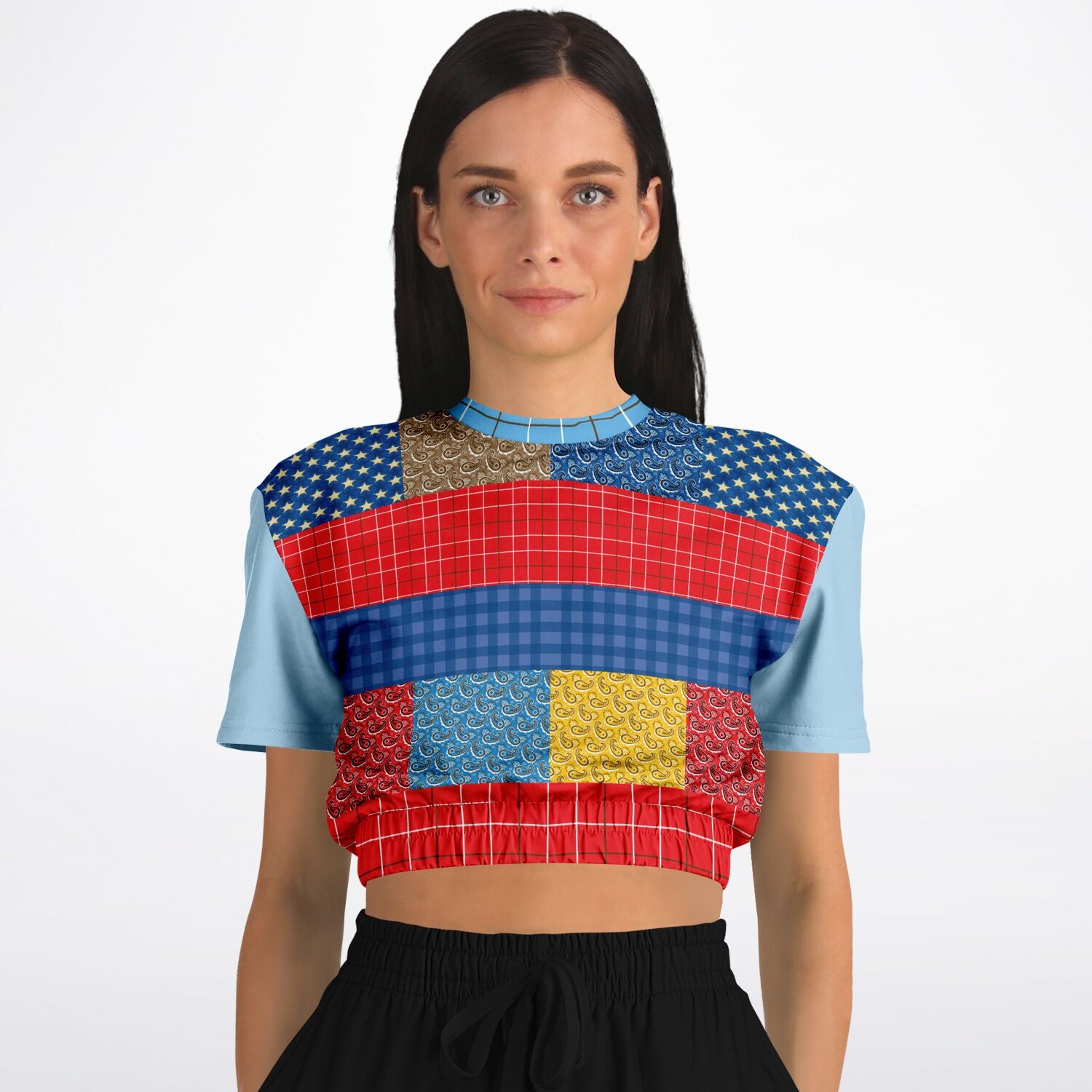 Western Edition Bandana Patchwork Eco-Poly Short Sleeve Cropped Pullover