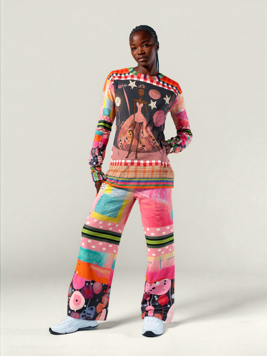 What About That Dancer Life in Patchwork Glory Eco-Poly Wide Leg Pants