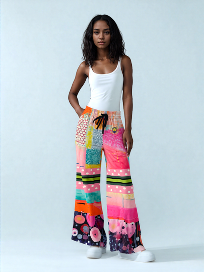 What About That Dancer Life in Patchwork Glory Eco-Poly Wide Leg Pants