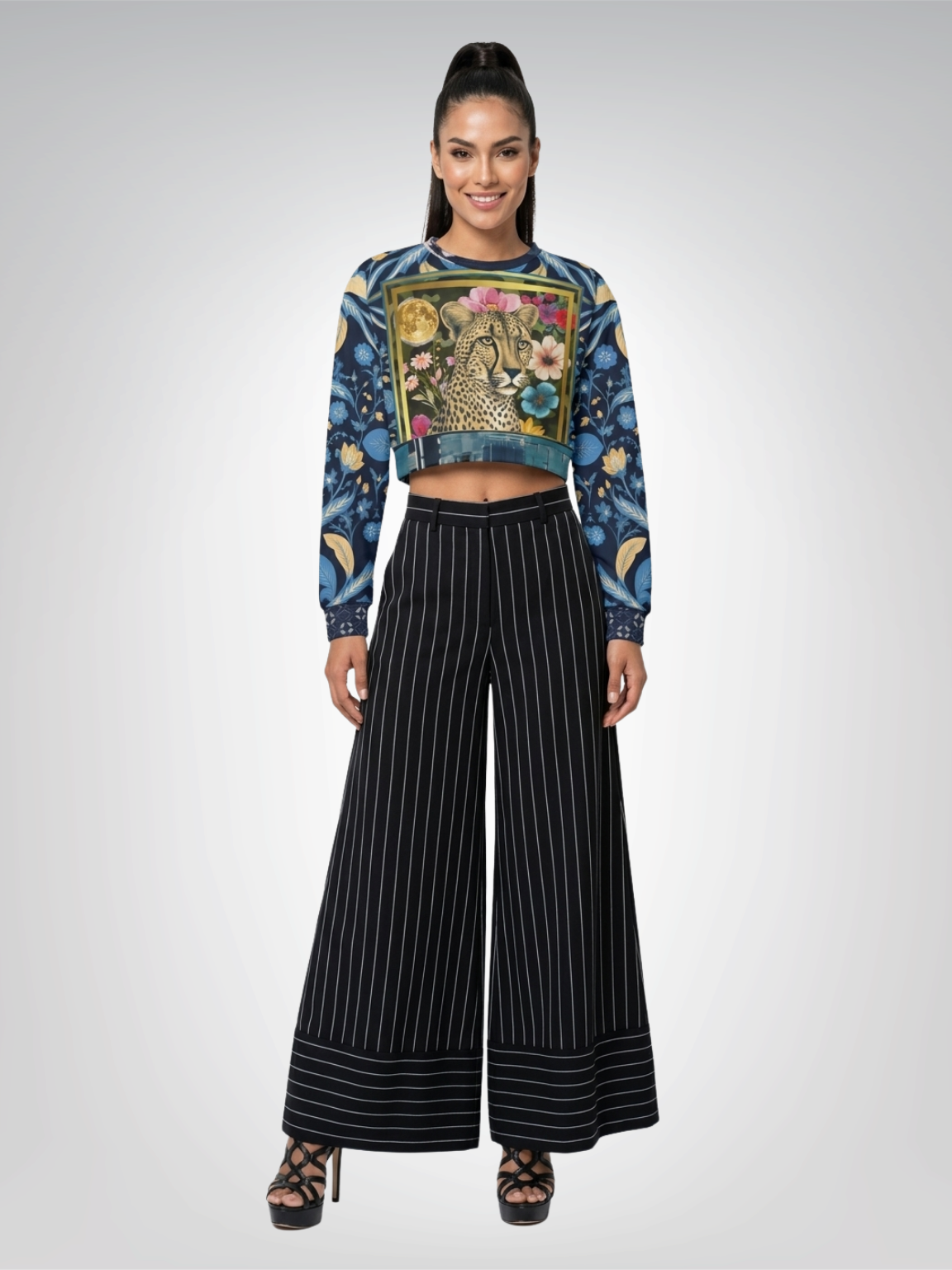 Wild Cheetah Moon in Exotic Floral Cropped Sweatshirt (Gold Label)