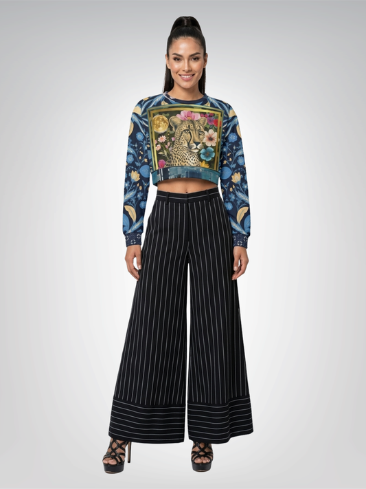 Wild Cheetah Moon in Exotic Floral Cropped Sweatshirt (Gold Label)