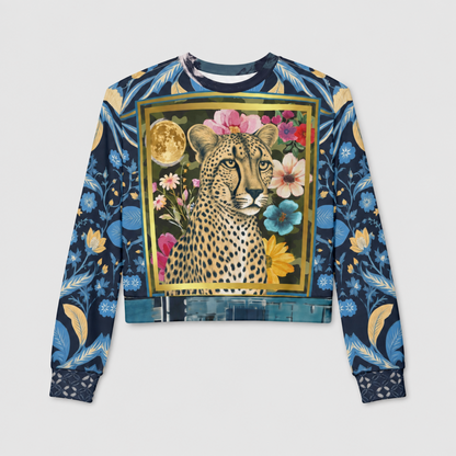 Wild Cheetah Moon in Exotic Floral Cropped Sweatshirt (Gold Label)