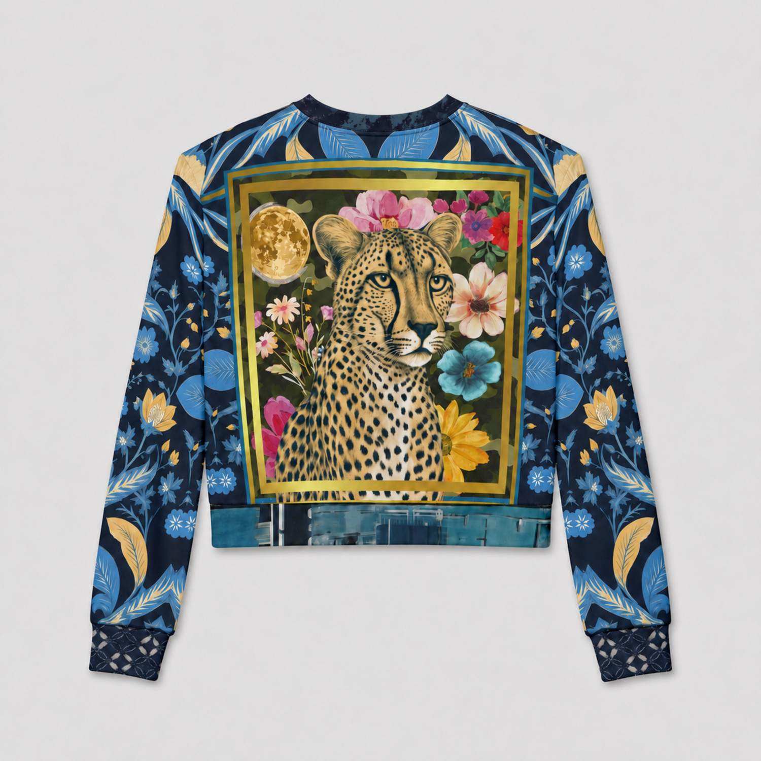 Wild Cheetah Moon in Exotic Floral Cropped Sweatshirt (Gold Label)