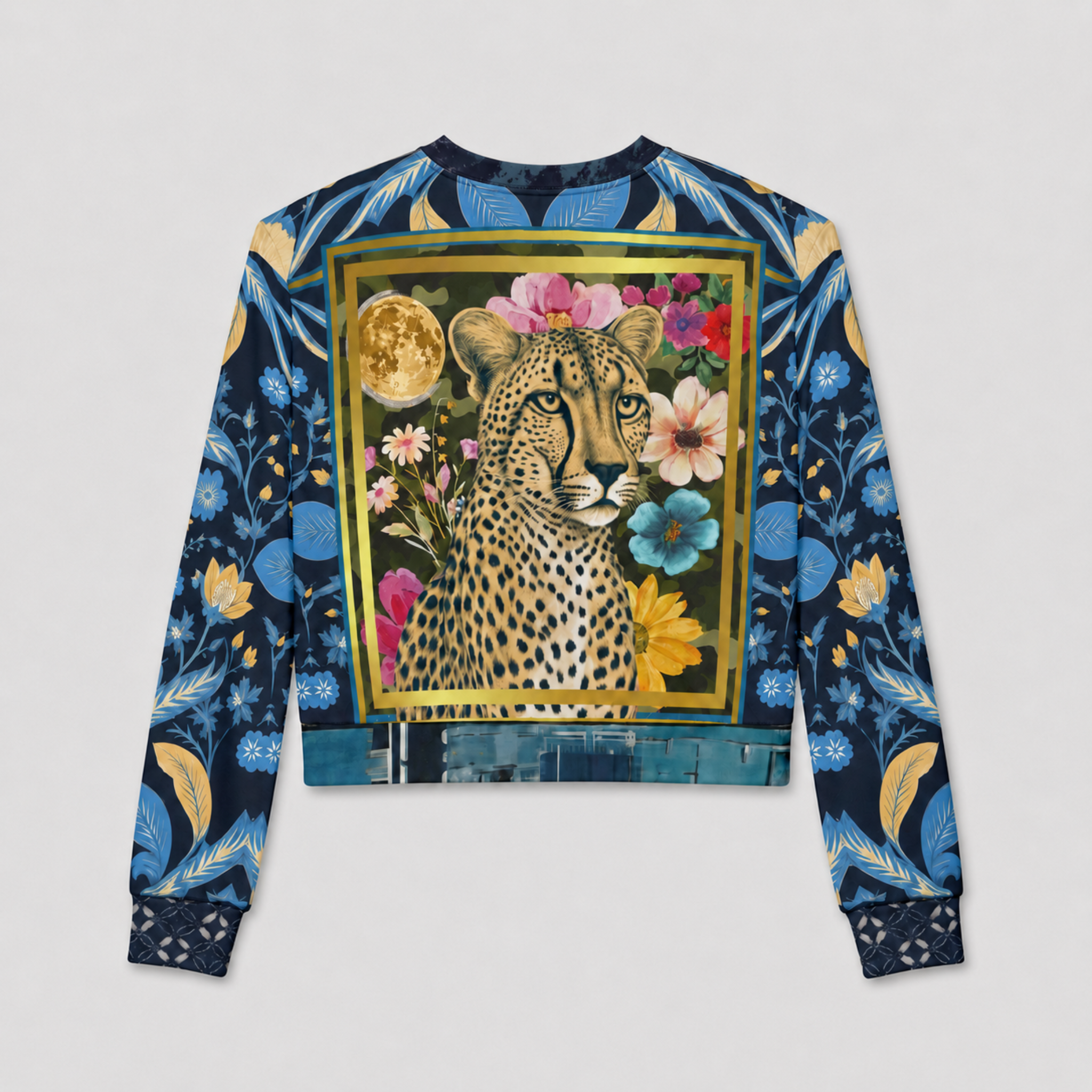 Wild Cheetah Moon in Exotic Floral Cropped Sweatshirt (Gold Label)