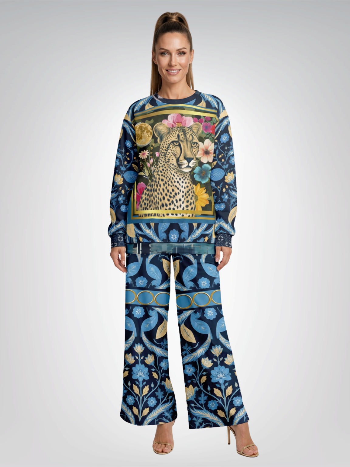 Wild Cheetah Moon in Exotic Floral Eco-Poly Wide Leg Pants