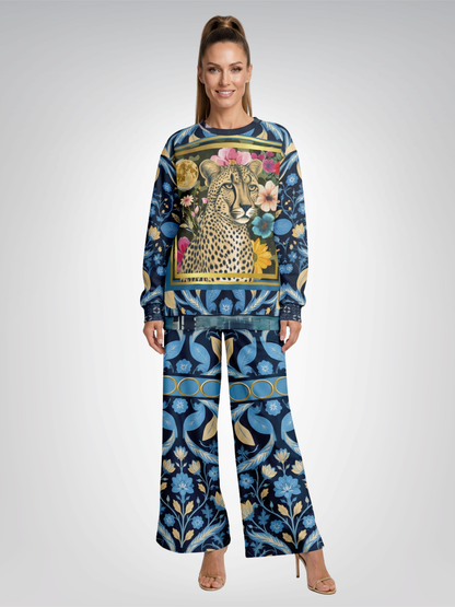 Wild Cheetah Moon in Exotic Floral Eco-Poly Wide Leg Pants