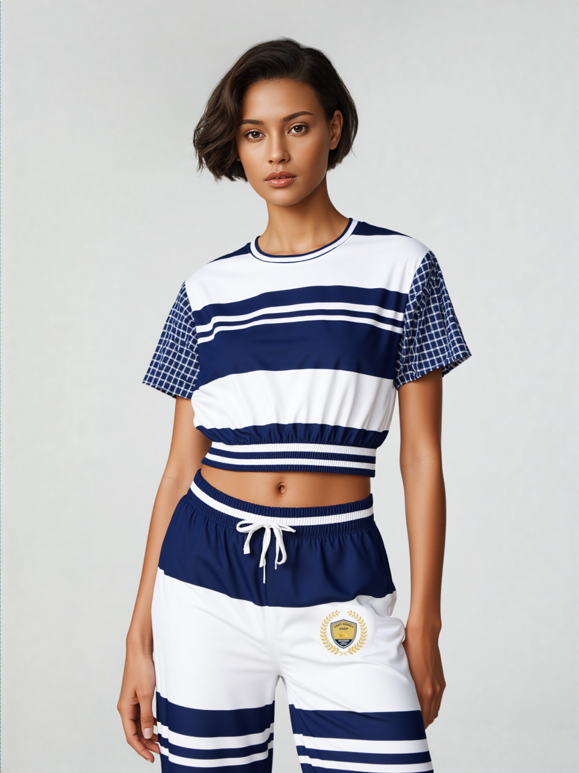 Wimbledon Blue Barbarian Stripe Eco-Poly Short Sleeve Cropped Pullover