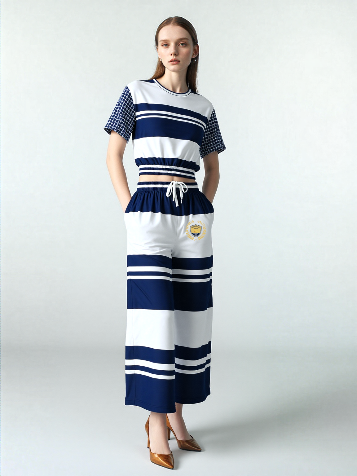 Wimbledon Blue Barbarian Stripe Eco-Poly Short Sleeve Cropped Pullover