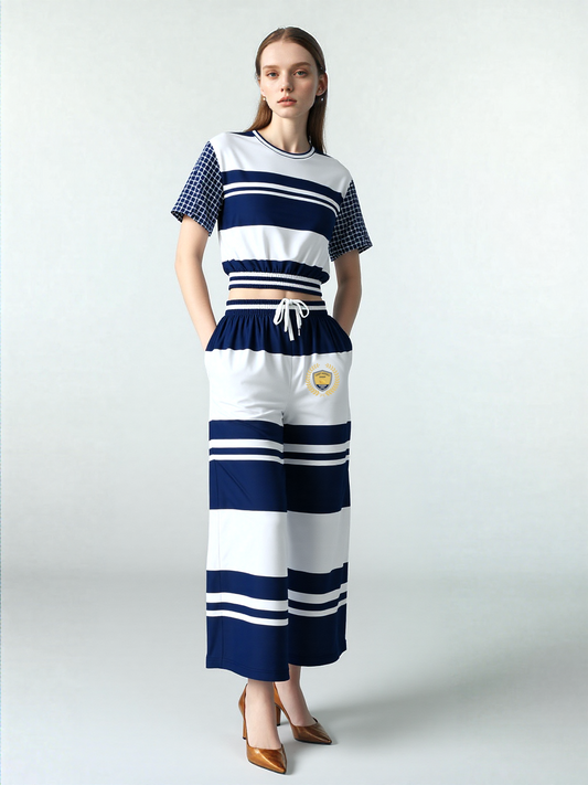 Wimbledon Blue Barbarian Stripe Eco-Poly Short Sleeve Cropped Pullover