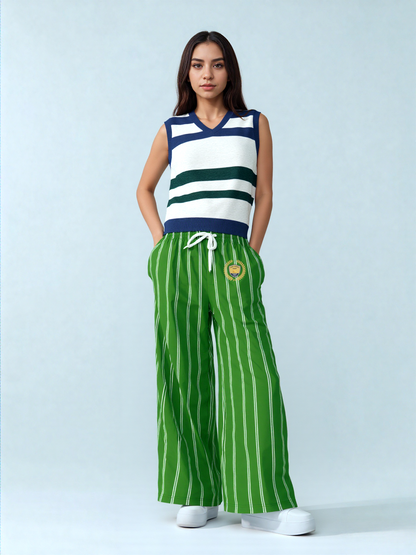 Wimbledon Regal Stripe in Green Eco-Poly Wide Leg Pants