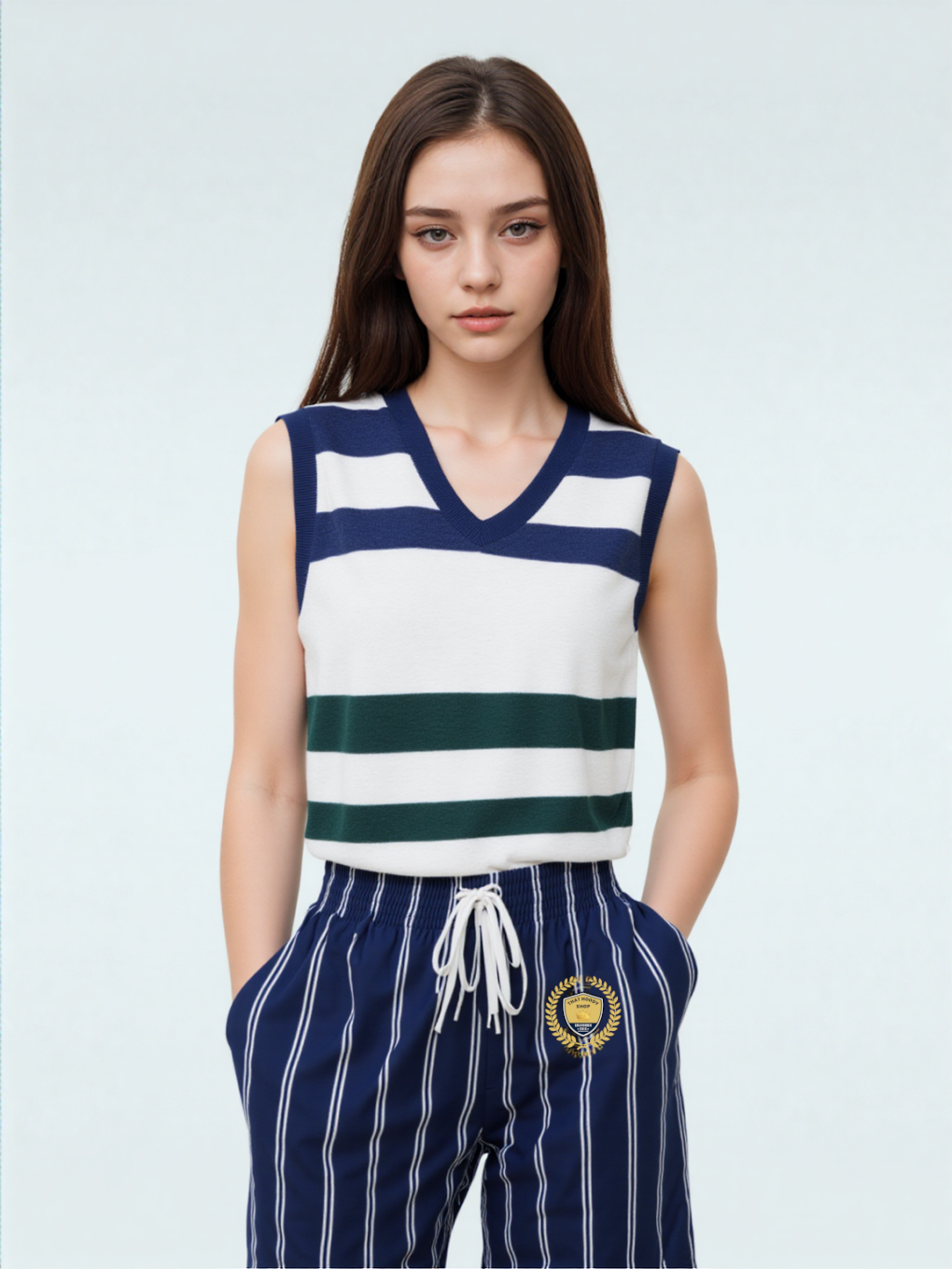 Wimbledon Blue and Green Knitted Cotton V-neck Sweater Vest