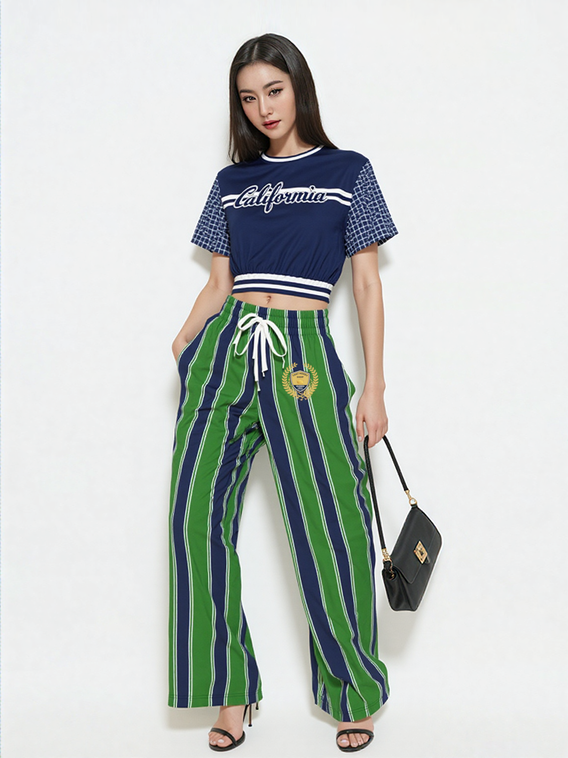 Wimbledon in Blue Stripe California Edition Eco-Poly Short Sleeve Cropped Pullover