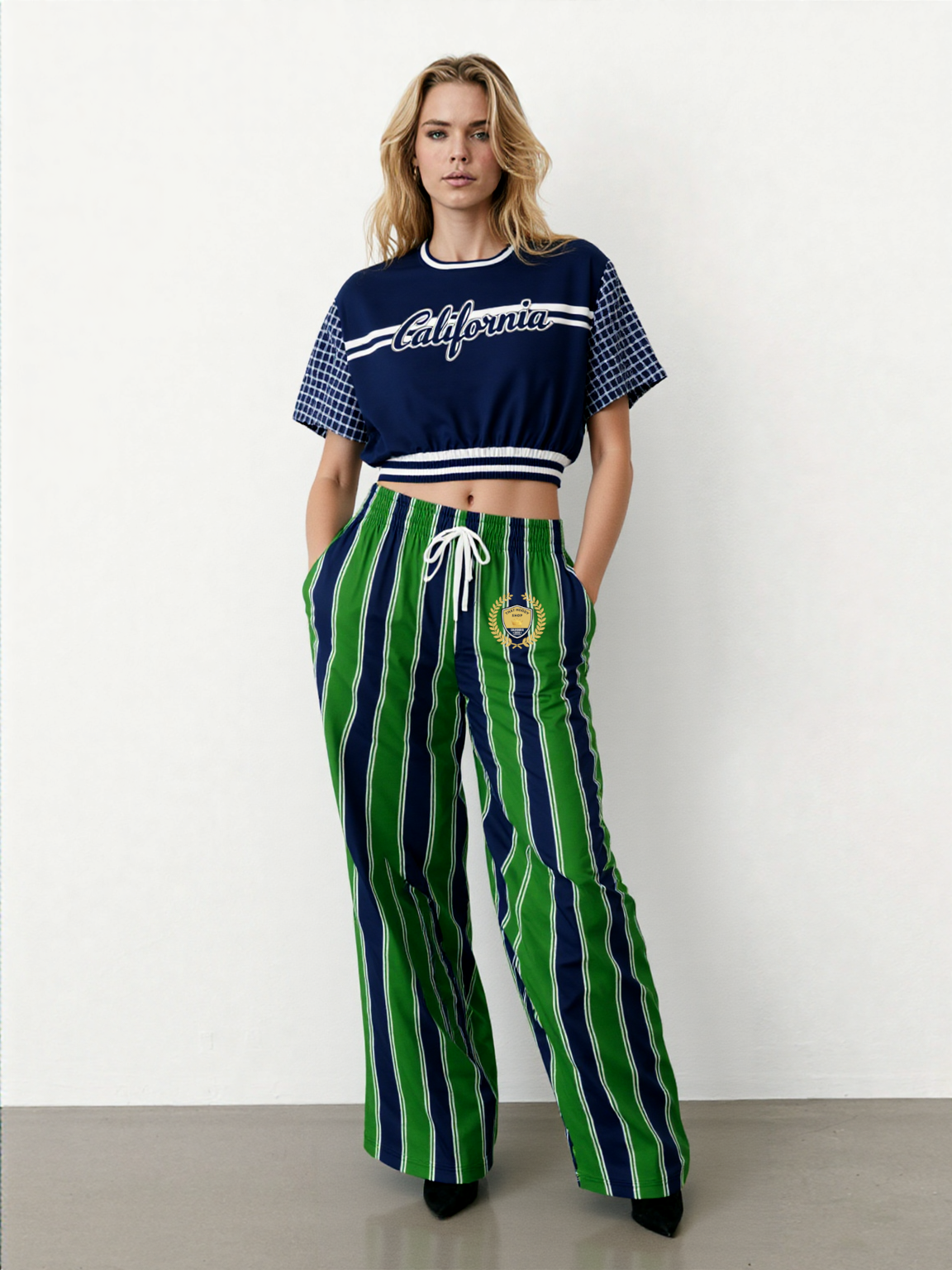 Wimbledon in Blue Stripe California Edition Eco-Poly Short Sleeve Cropped Pullover