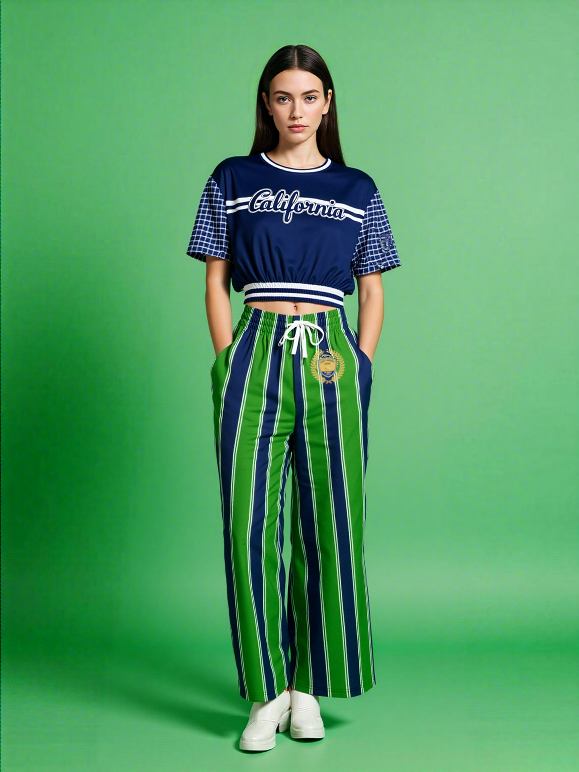 Wimbledon in Blue Stripe California Edition Eco-Poly Short Sleeve Cropped Pullover
