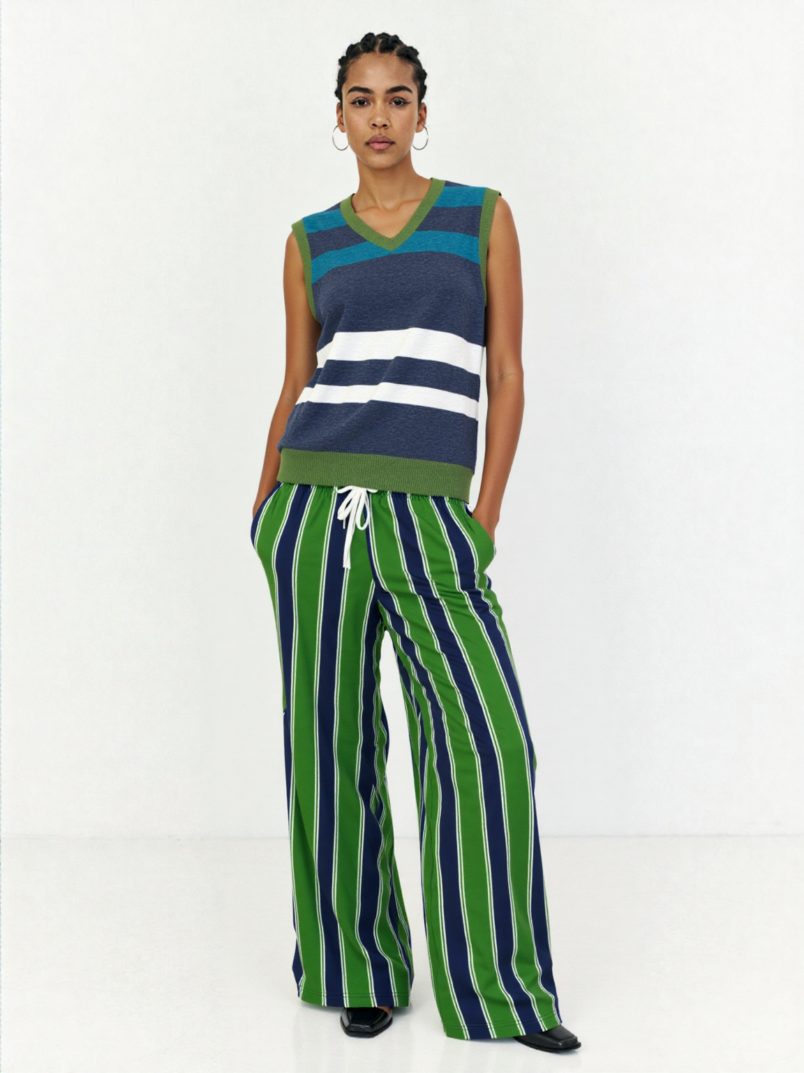 Wimbledon Regal Stripe in Green and Blue Eco-Poly Wide Leg Pants