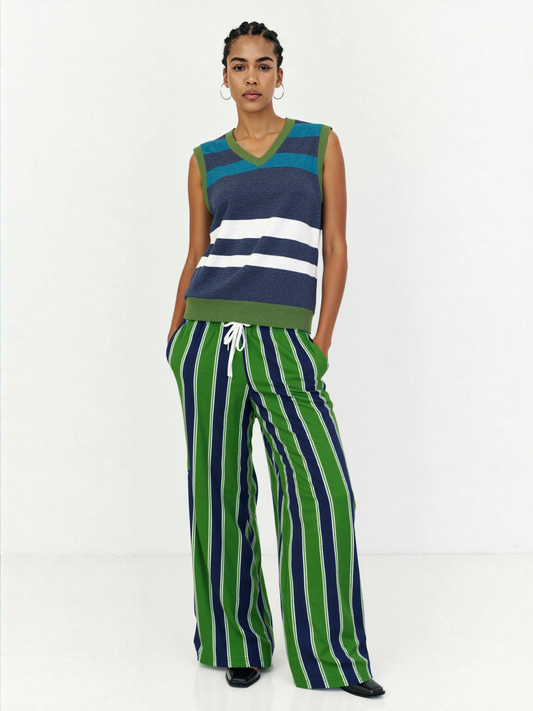 Wimbledon Regal Stripe in Green and Blue Eco-Poly Wide Leg Pants
