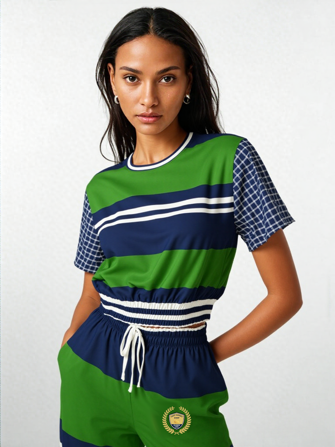 Wimbledon Green Barbarian Stripe Eco-Poly Short Sleeve Cropped Pullover