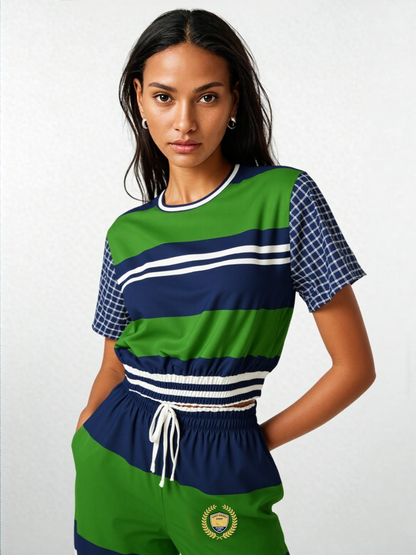 Wimbledon Green Barbarian Stripe Eco-Poly Short Sleeve Cropped Pullover