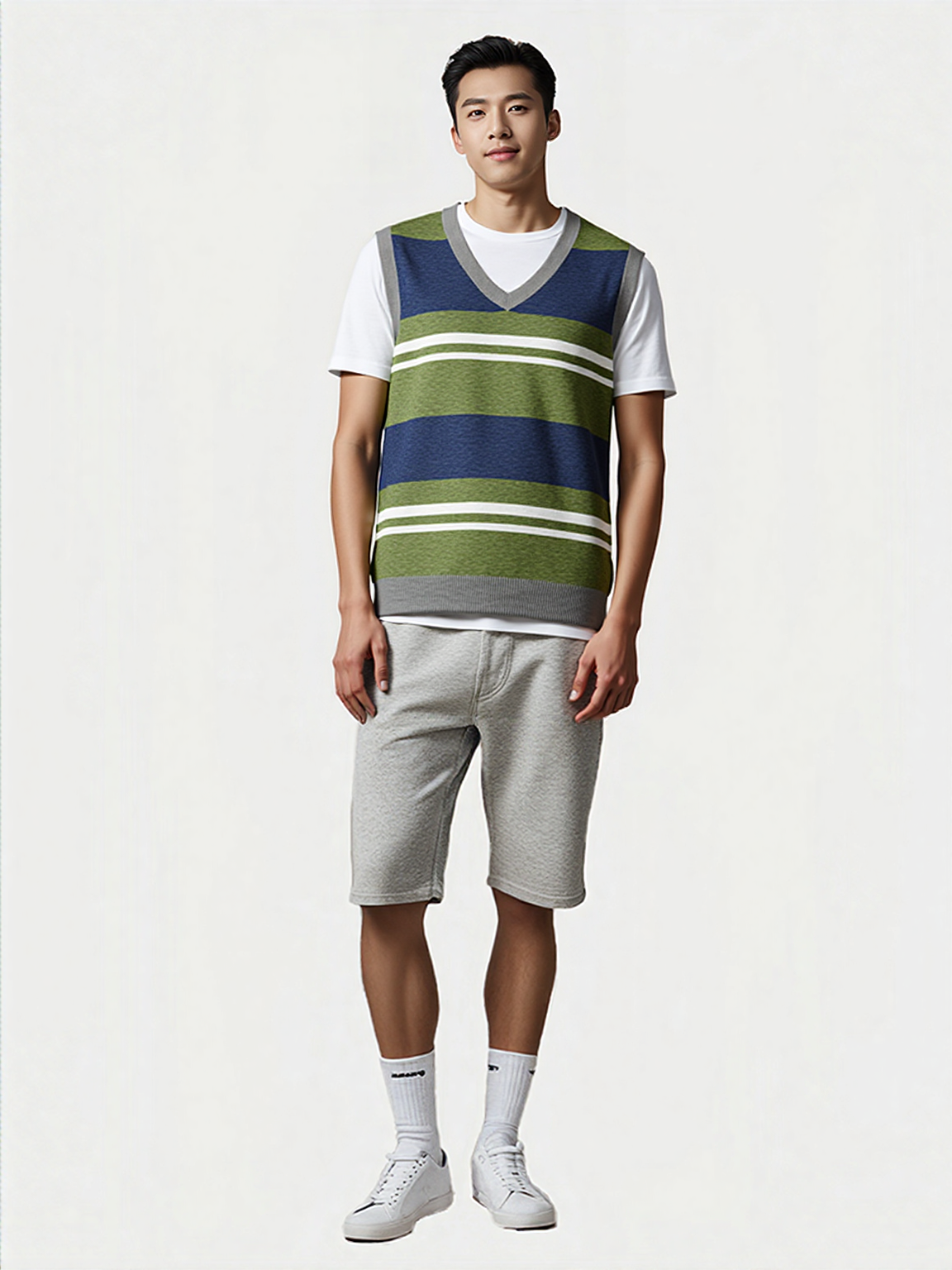 Wimbledon in Green Barbarian Acadia Stripe Knitted Cotton V-neck Sweater Vest