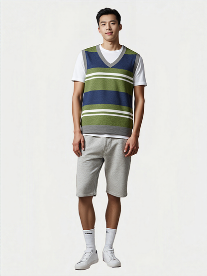 Wimbledon in Green Barbarian Acadia Stripe Knitted Cotton V-neck Sweater Vest