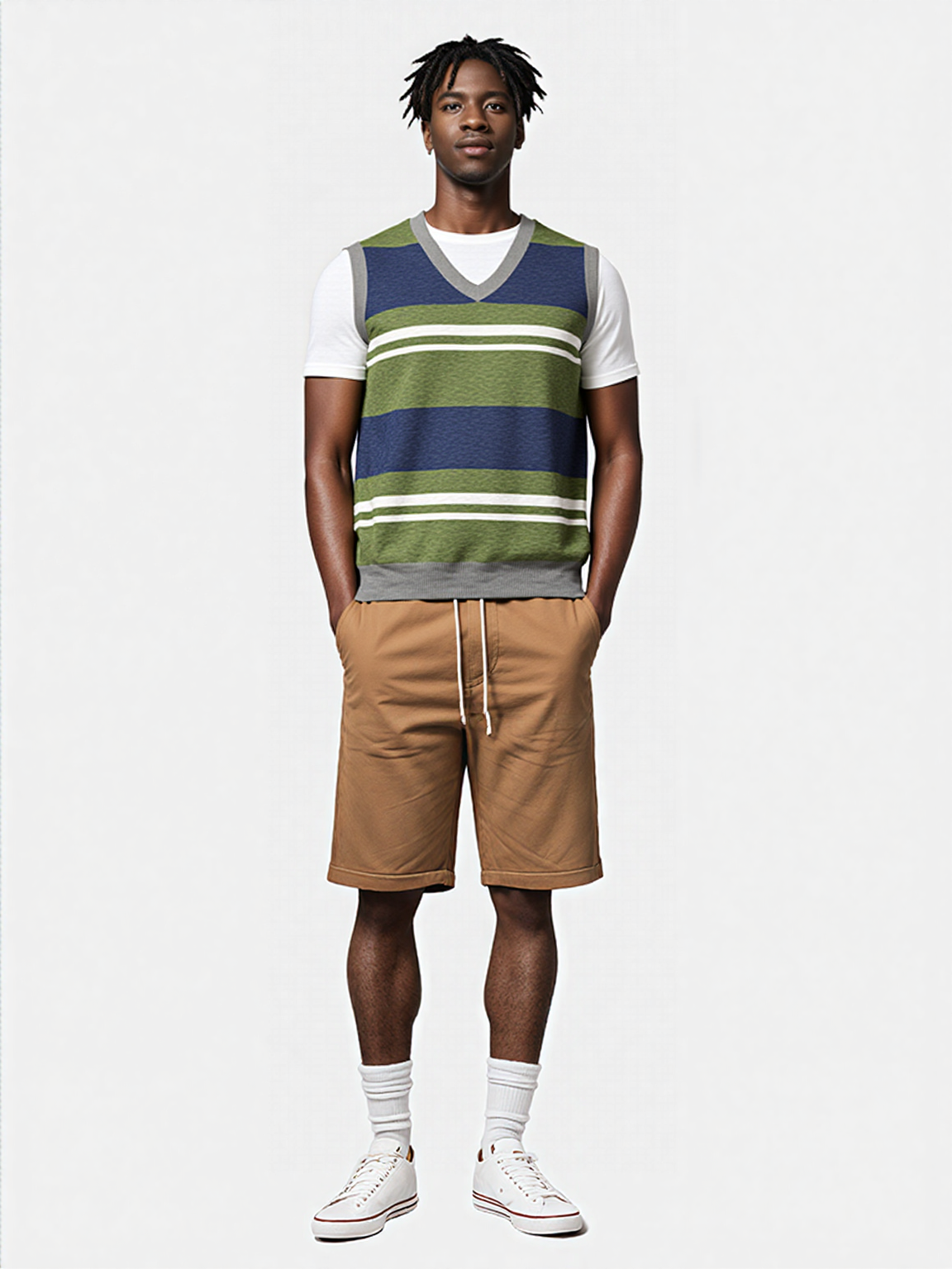 Wimbledon in Green Barbarian Acadia Stripe Knitted Cotton V-neck Sweater Vest