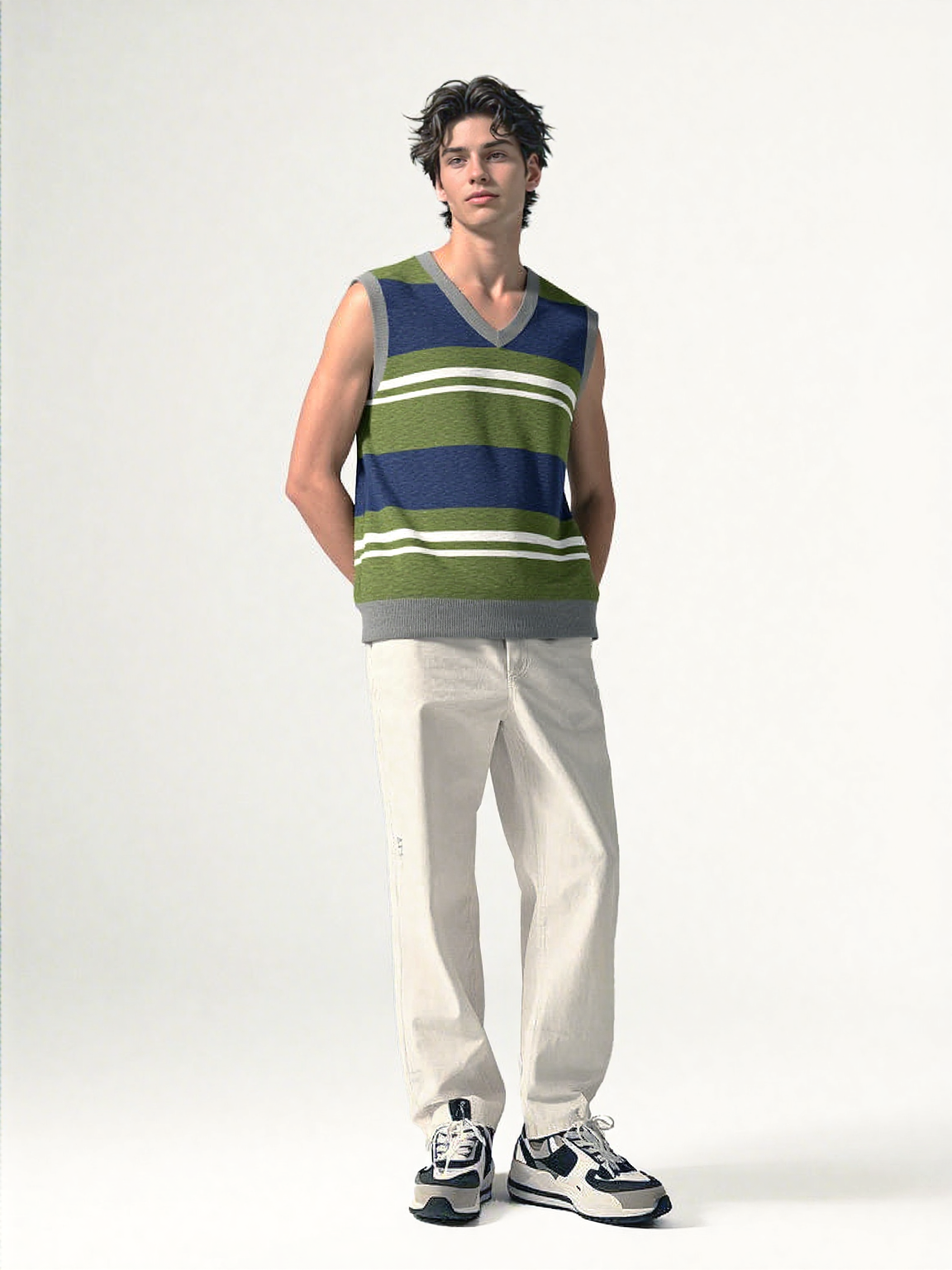 Wimbledon in Green Barbarian Acadia Stripe Knitted Cotton V-neck Sweater Vest