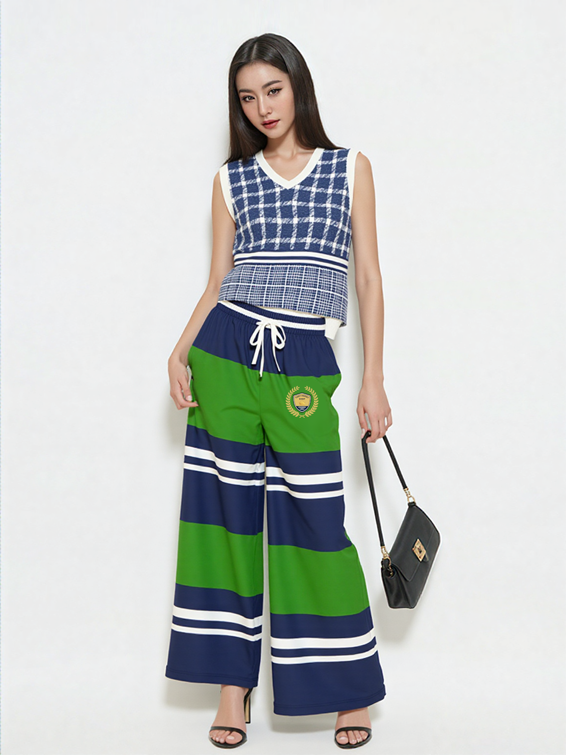 Wimbledon Green Barbarian Stripe Eco-Poly Wide Leg Pants