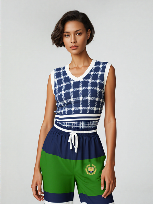 Wimbledon in Blue Plaid Knitted Cotton V-neck Sweater Vest