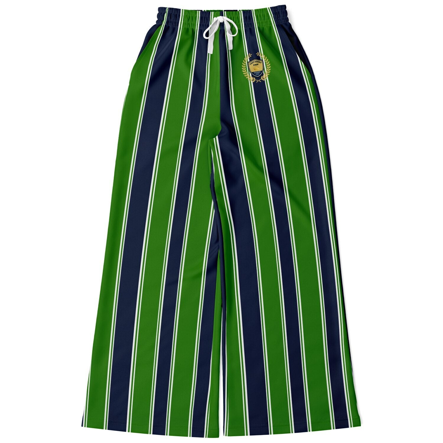 Wimbledon Regal Stripe in Green and Blue Eco-Poly Wide Leg Pants