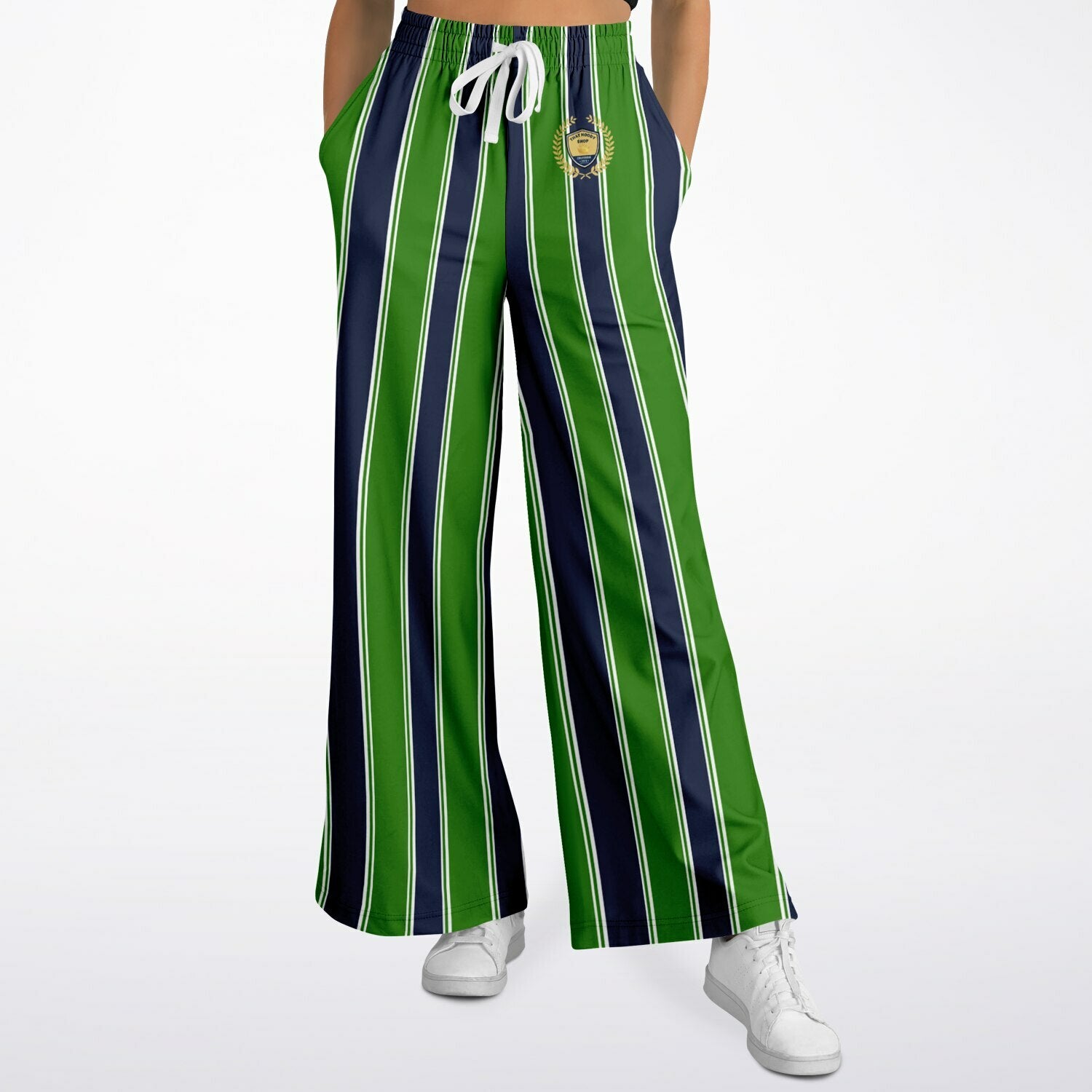 Wimbledon Regal Stripe in Green and Blue Eco-Poly Wide Leg Pants