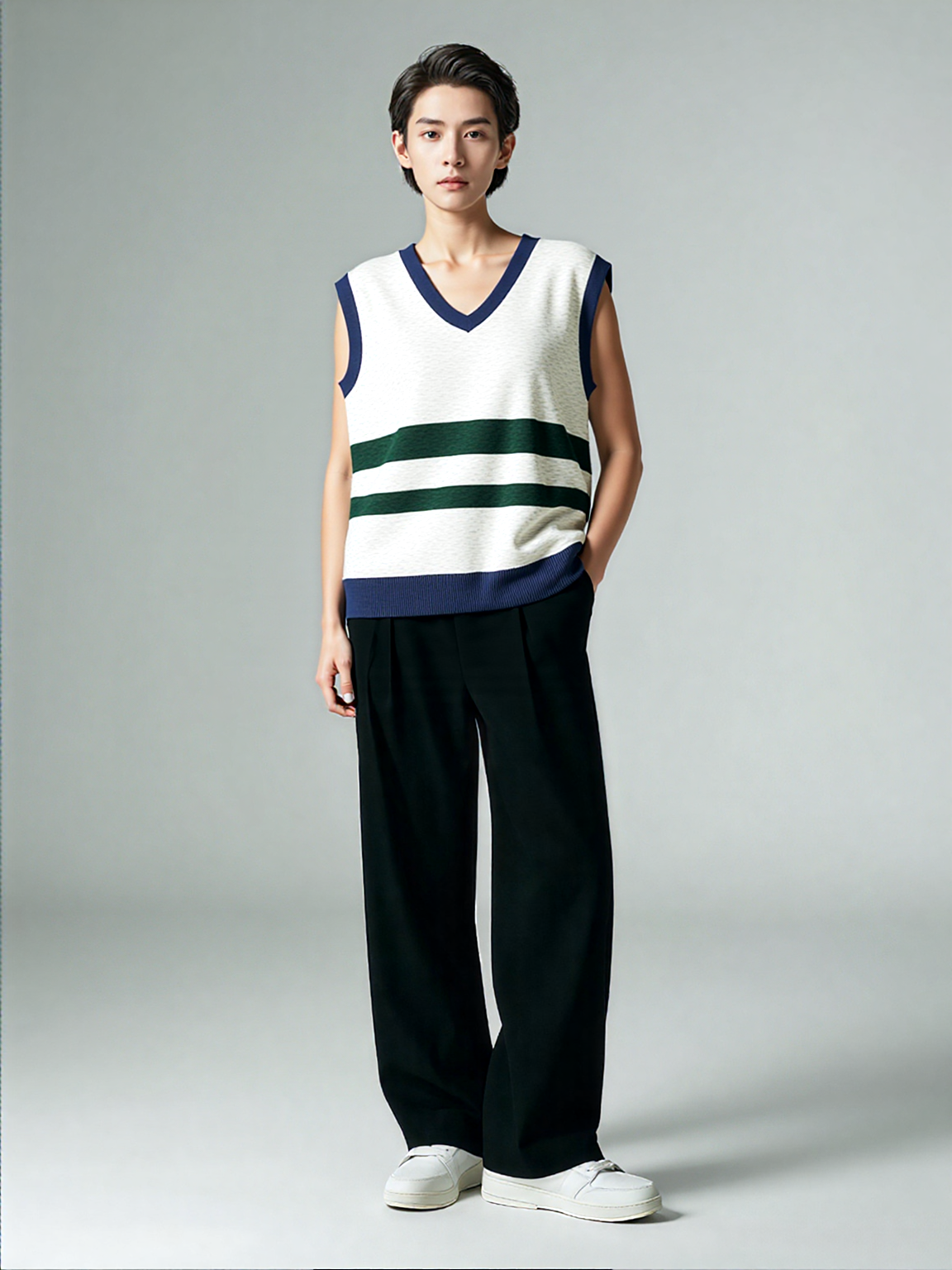 Wimbledon White and Green Knitted Cotton V-neck Sweater Vest