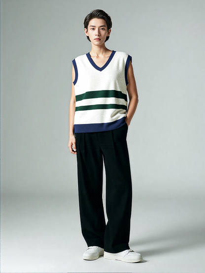 Wimbledon White and Green Knitted Cotton V-neck Sweater Vest