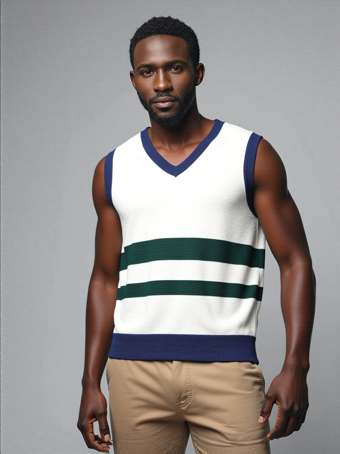 Wimbledon White and Green Knitted Cotton V-neck Sweater Vest