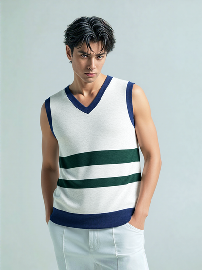 Wimbledon White and Green Knitted Cotton V-neck Sweater Vest