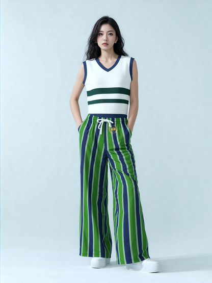 Wimbledon Regal Stripe in Green and Blue Eco-Poly Wide Leg Pants