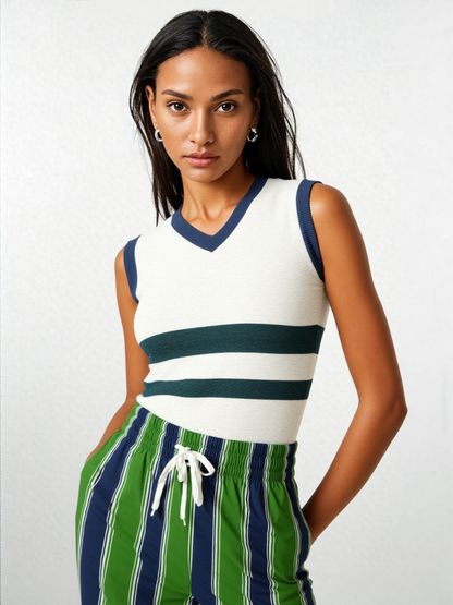 Wimbledon White and Green Knitted Cotton V-neck Sweater Vest