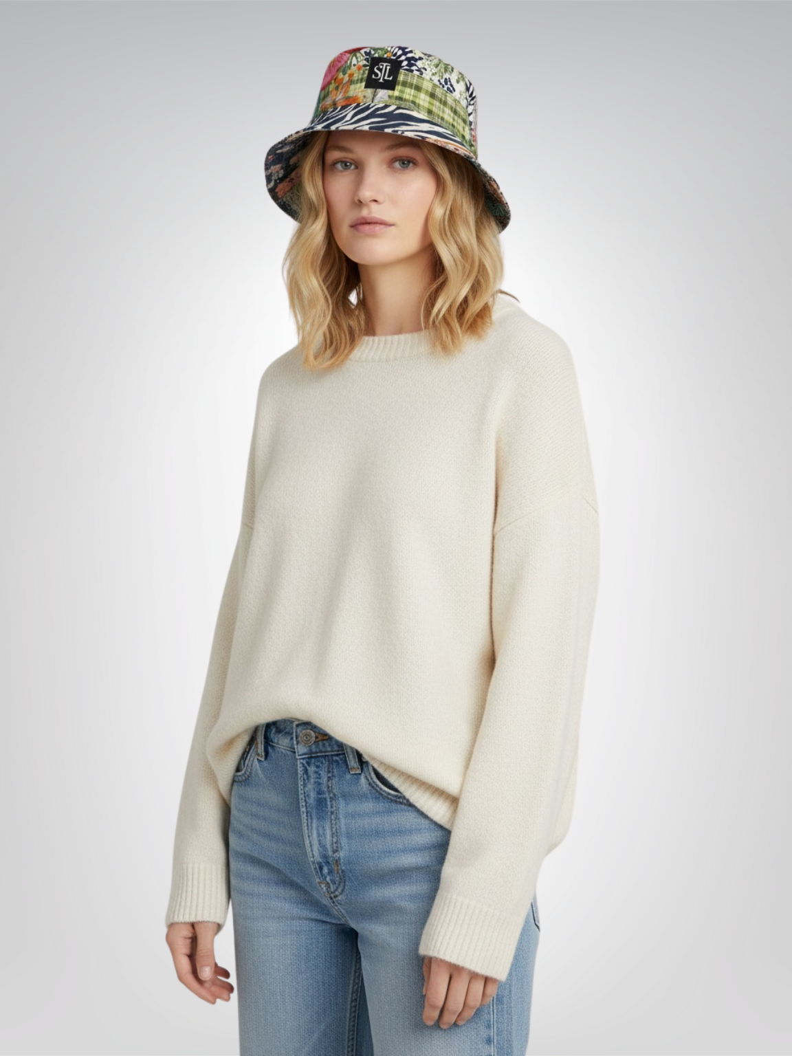 Wiosna Denim Floral Striped Patchwork Reversible Bucket Hat