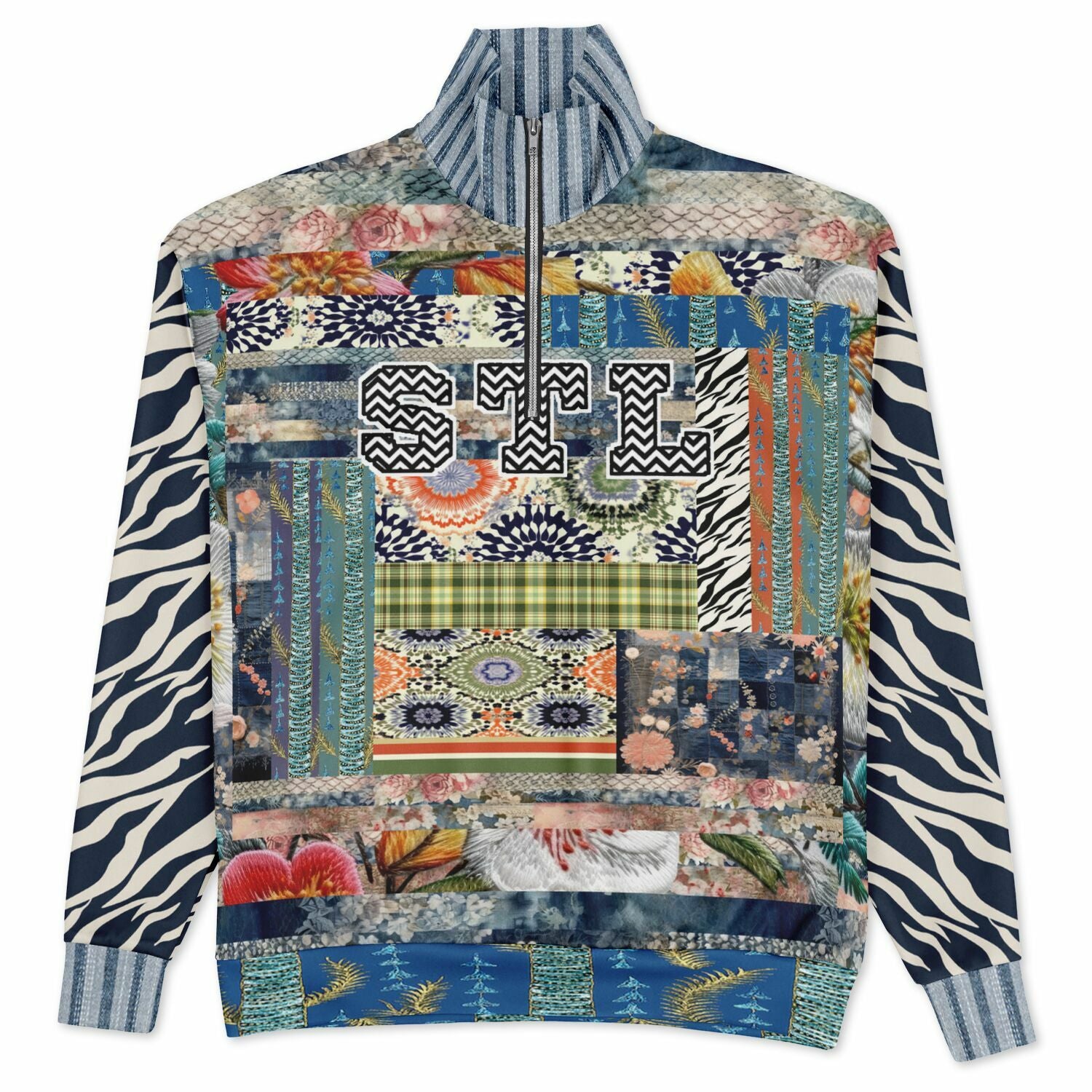 Wiosna Denim Floral Stripe and Zebra Patchwork Heavyweight Oversized Quarter Zip Sweatshirt