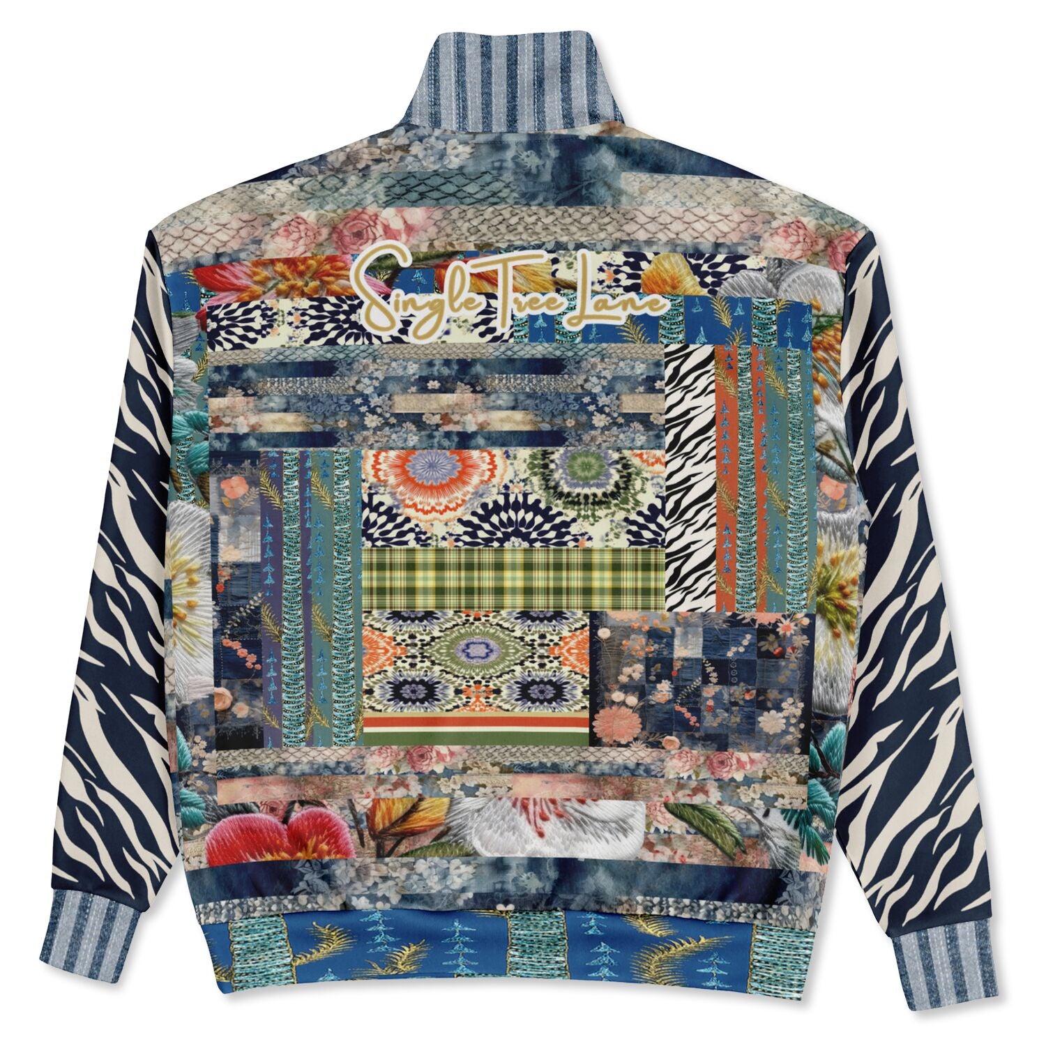 Wiosna Denim Floral Stripe and Zebra Patchwork Heavyweight Oversized Quarter Zip Sweatshirt